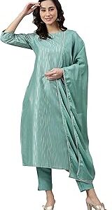 Women's Green Poly Silk Striped Kurta with Pant and Dupatta