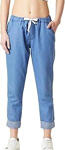 Women's Blue High Rise Clean Look Solid Cropped Striped Detailing Denim Joggers