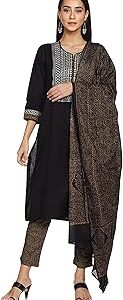 Women Black Cotton Flax Straight Kurta Slim Pant Suit Set