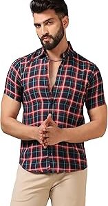 Men's Regular Fit Casual Shirt Checks Design with Spread Collar & Half Sleeves