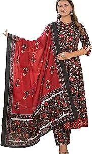 Women's Cotton Floral Printed Anarkali Kurta with Pant & Dupatta