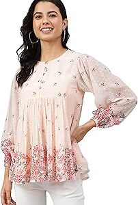Women's Peach Georgette Floral Print Flared Top
