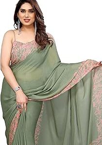 Women's Plain Weave Chiffon Abstrect Printed Saree with Blouse Piece