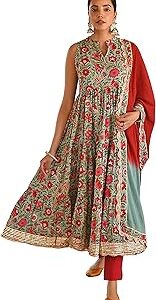 Women's Sea green Cotton Floral Block Print Kurta with Pant and Dupatta