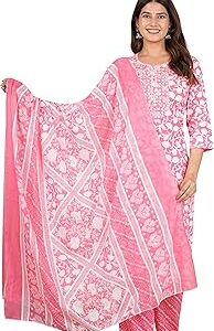 Women's Cotton Cambric Knee Length Floral Printed Embroidered Round Neck Straight Kurta with Pant & Dupatta