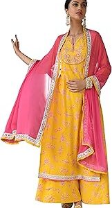 Women's Yellow Cotton Embroidered Kurta with Palazzo and Dupatta