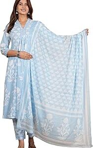 Women's Cotton Calf Length V-Neck Botanical Print Regular Fitted Anarkali Kurta With Pant & Dupatta
