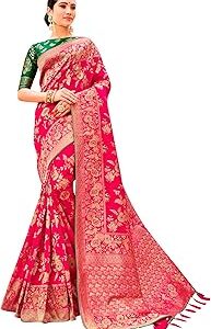 Women's Banarasi Silk Blend Woven Zari With Tussles Saree and Jacquard Woven Blouse Piece (37765 color)