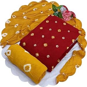 Women's Pure Rayon With Hand Bandhej Unstitched Bandhani Salwar Suits Kurta Set Dress Material With Dupatta