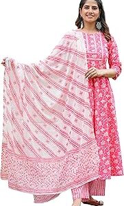 Women's Cotton Floral Printed Anarkali Kurta with Pants & Dupatta Set