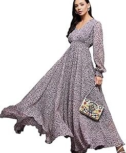 Women's V Neck Full Sleeves Relaxed Fit Midi Length Dress