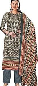 Women's Unstitched Print Woollen Pashmina Swaroski Diamond Winter Wear Warm Salwar Suit Dress Material with Pure Wool Pashmina Printed Shawl Dupatta