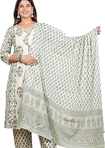 Women's Cotton Cambric Floral Print Calf Length V-Neck with Lace and Potli Button Detaling 3/4 Sleeves Straight Kurta with Pant and Duptta (Multi)