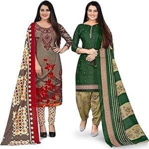 Olive Green and Green Cotton Printed Unstitched Salwar Suit Material (Combo of 2)(JOPLVSM2013-VSM4147)