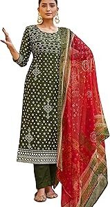 Women's Mirror Work Bandhani Printed Unstitched Pure Cambric Cotton Salwar Suits Dress Material with Chiffon Printed Dupatta (Mehandi Green)