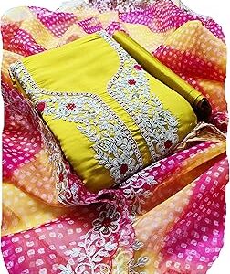 Women's Cotton Silk Embroidery Work Unstitched Salwar Suit Dress Material With Organza Printed Dupatta(Free Size)