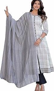 Women's Cotton Slub Geomatrical Printed Anarkali Kurta & Duptta