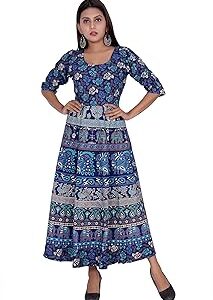 Traditional Cotton Blue Maxi Dress for Women (Free Size Up to XXL)