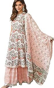 Women's White Cotton Floral Block Print Kurta with Sharara and Dupatta