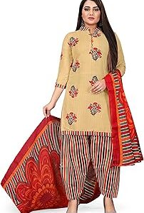 Women's Beige Cotton Printed Unstitched Salwar Suit Material(JOPLVSM4167)