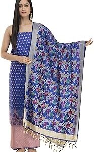 Women's Cotton Chanderi Soft Zari Embroidered Work Unstitched Salwar Suit with Banarasi Dupatta (ARSS050, Royal Blue, Free Size)
