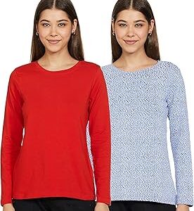 Women's Solid Cotton Stretch Full Sleeve Round Neck Regular Fit T-Shirt (Pack of 2)