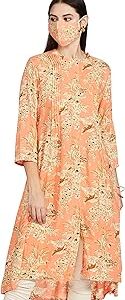 Women Peach Rayon A-line Printed Kurta Dress