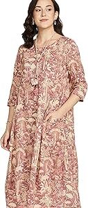 Women Blue Cotton Flax A-line Printed Kurta Dress