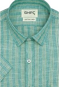 Cotton Linen Striped Half Sleeves Regular Fit Formal Shirt for Men