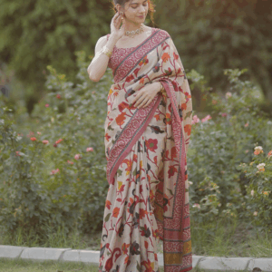 Beige Floral Printed Silk Saree